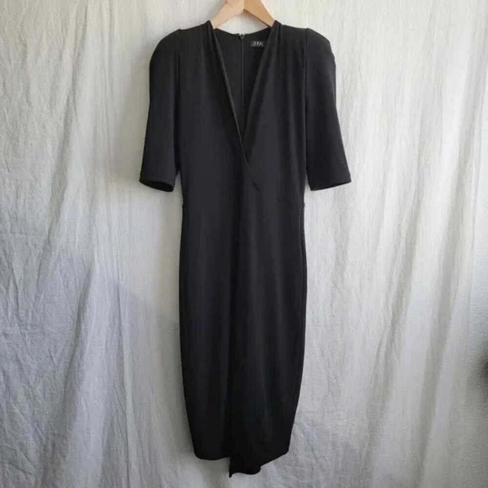 Zhivago Black Deep V Neck Knee Length Bodycon with Shoulder Pads Dress Size 6